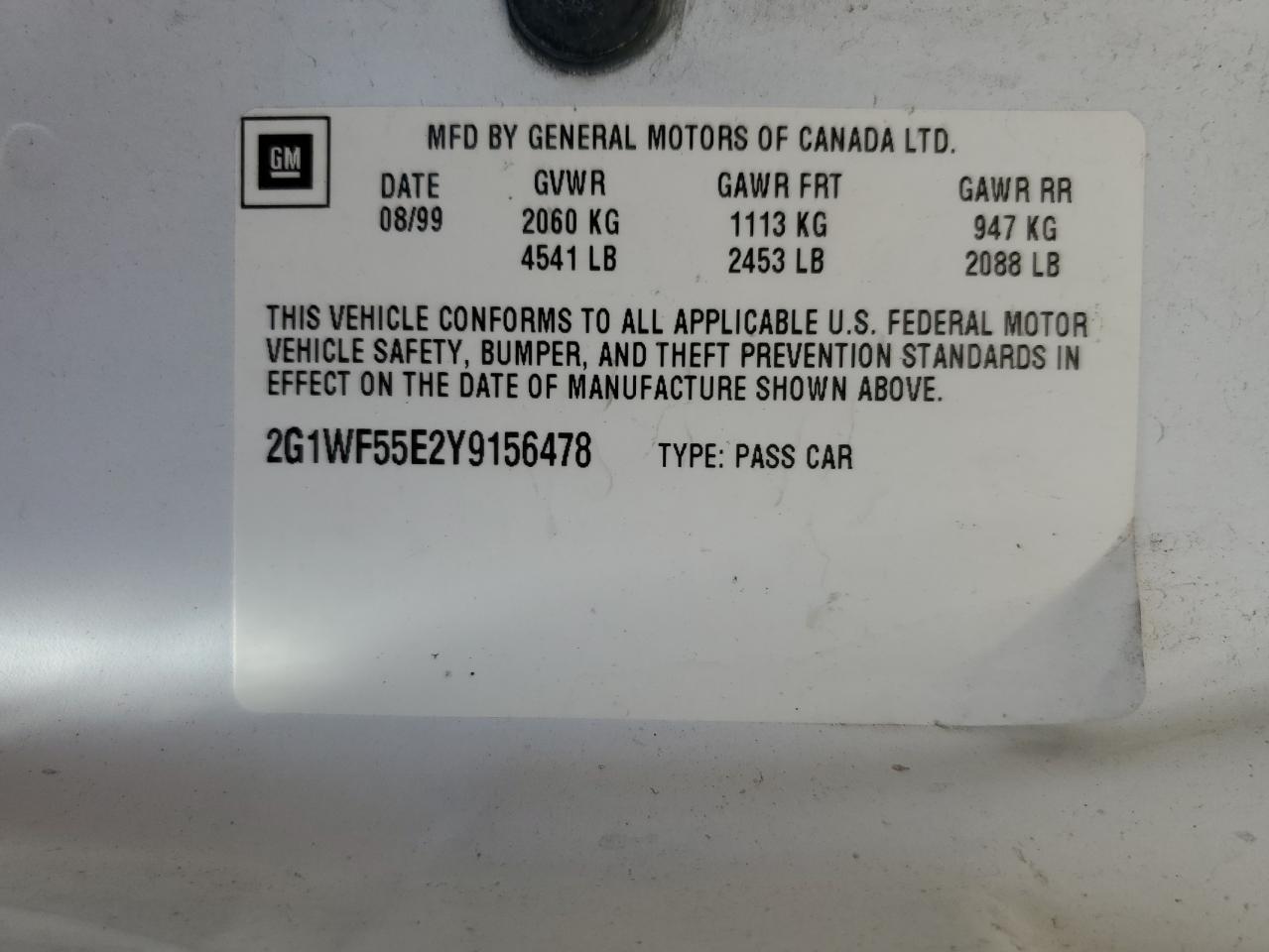 2000 Chevrolet Impala VIN: 2G1WF55E2Y9156478 Lot: 60922414