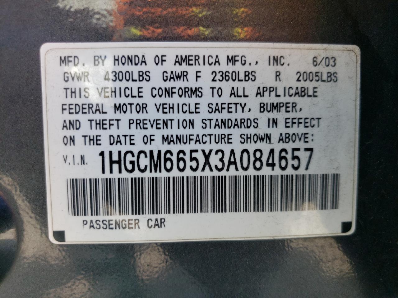 1HGCM665X3A084657 2003 Honda Accord Ex