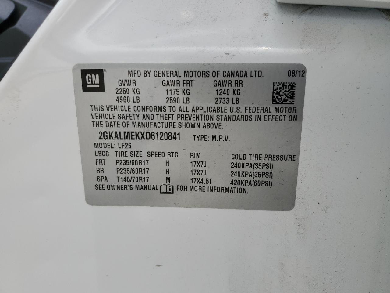 2013 GMC Terrain Sle VIN: 2GKALMEKXD6120841 Lot: 57072404