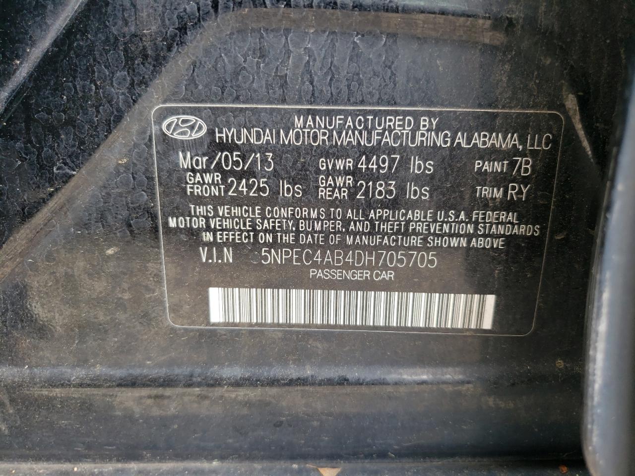 2013 Hyundai Sonata Se VIN: 5NPEC4AB4DH705705 Lot: 57391204