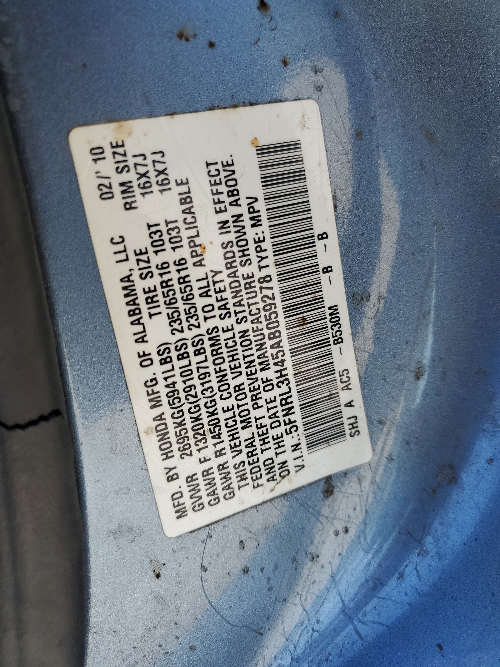5FNRL3H45AB059278 2010 Honda Odyssey Ex