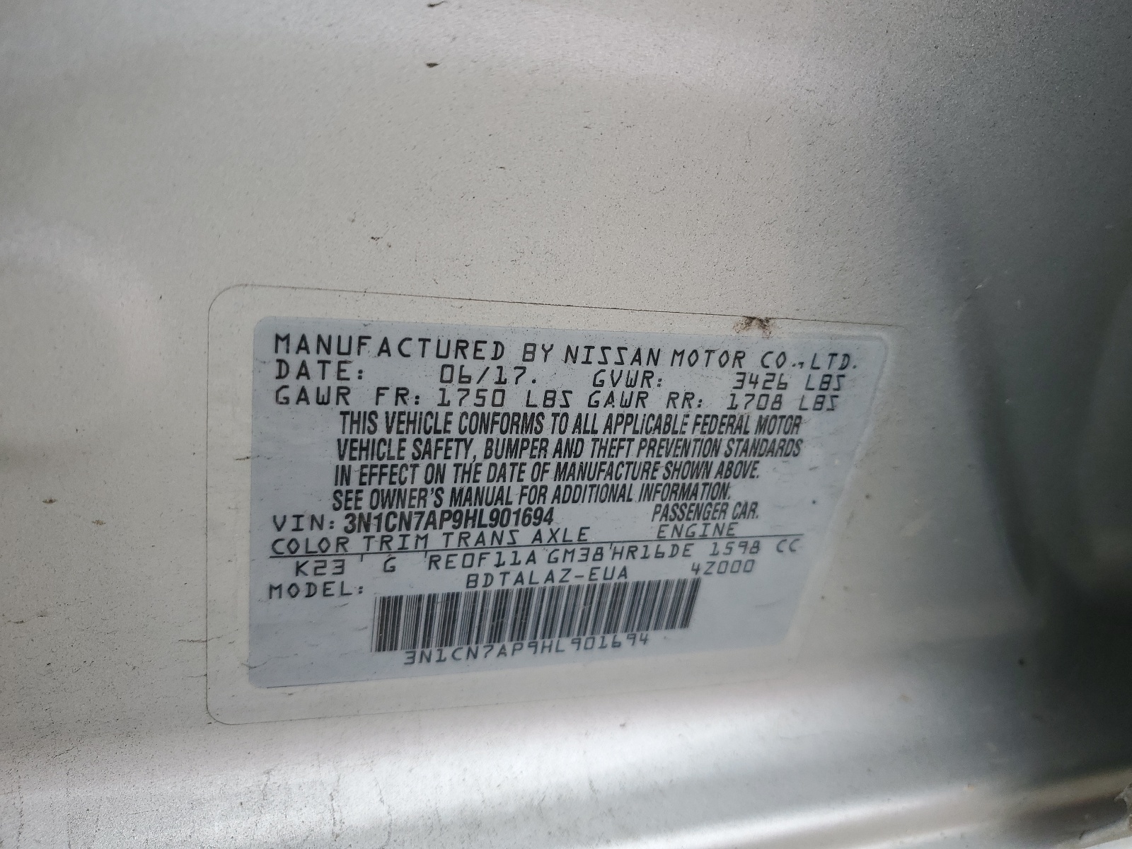 3N1CN7AP9HL901694 2017 Nissan Versa S