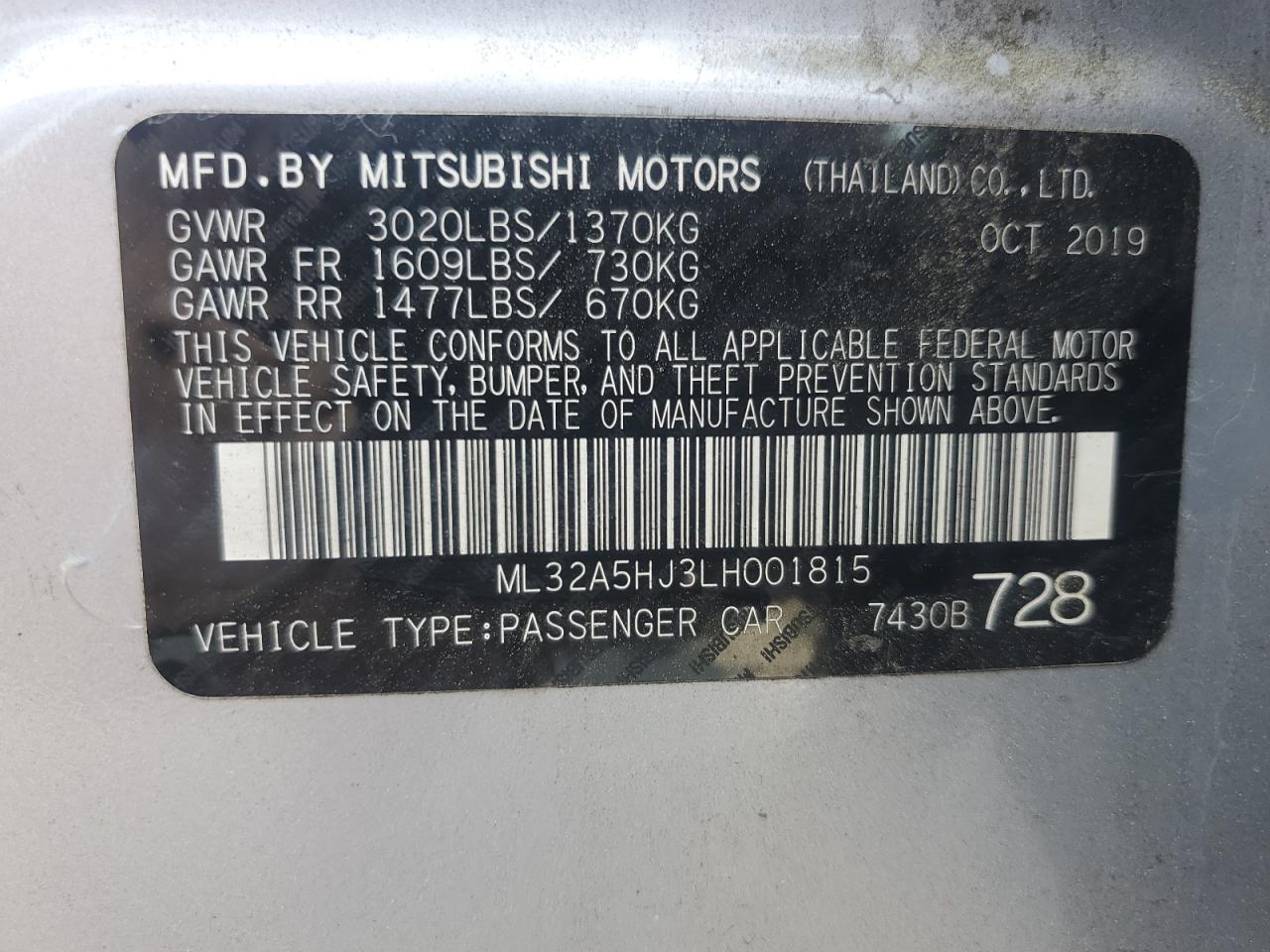 ML32A5HJ3LH001815 2020 Mitsubishi Mirage Le