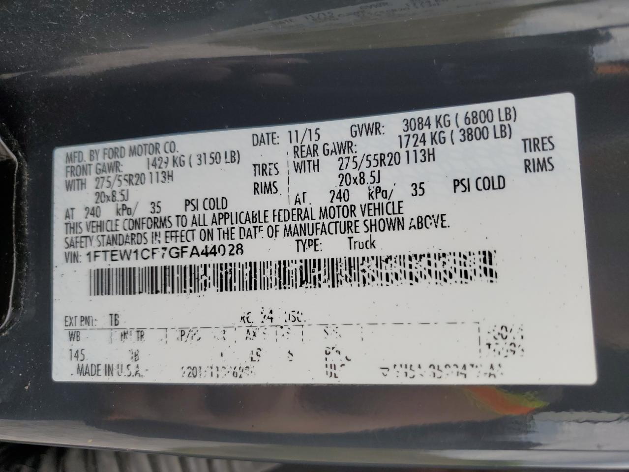 2016 Ford F150 Supercrew VIN: 1FTEW1CF7GFA44028 Lot: 60324744