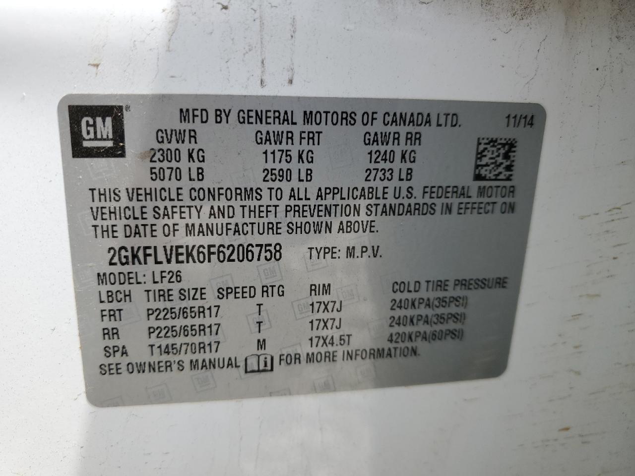 2015 GMC Terrain Sle VIN: 2GKFLVEK6F6206758 Lot: 57268234