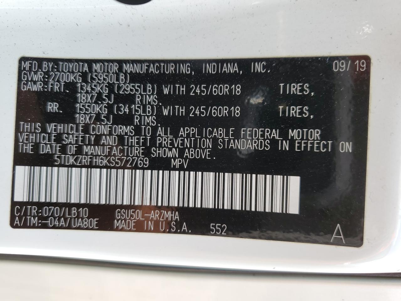 2019 Toyota Highlander Se VIN: 5TDKZRFH6KS572769 Lot: 57534404