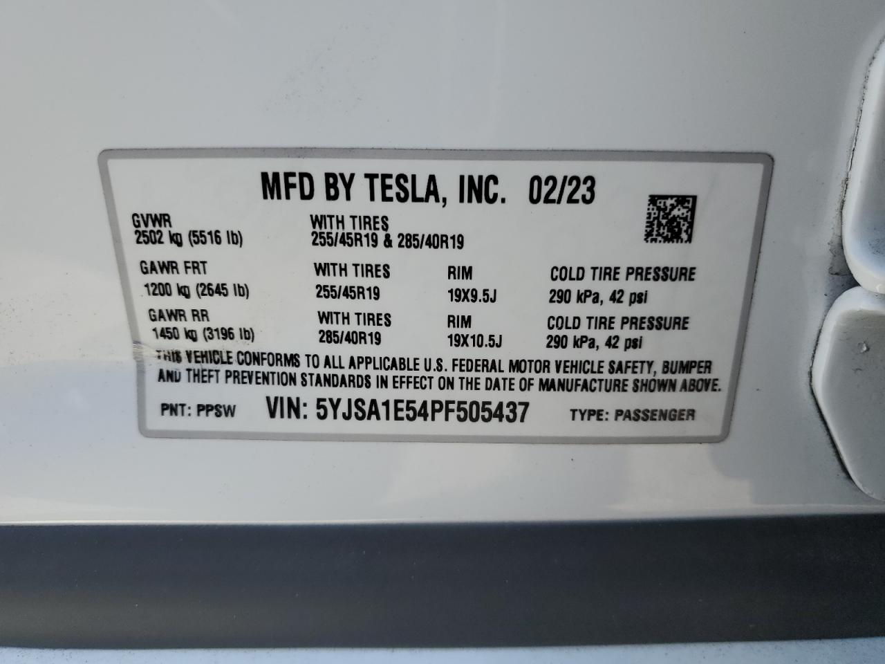 2023 Tesla Model S VIN: 5YJSA1E54PF505437 Lot: 57632224