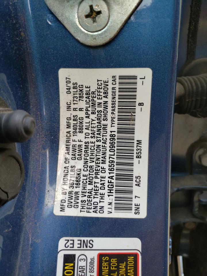 2007 Honda Civic Lx VIN: 1HGFA16597L096981 Lot: 60566234