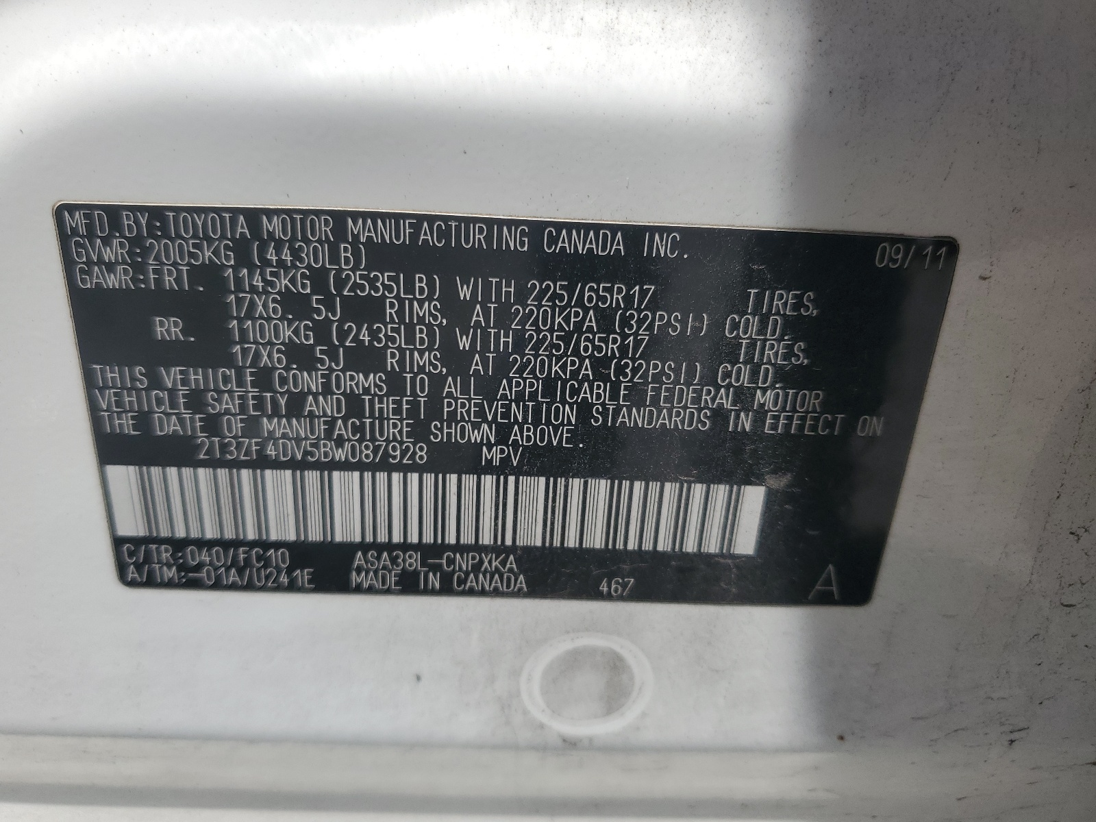 2T3ZF4DV5BW087928 2011 Toyota Rav4