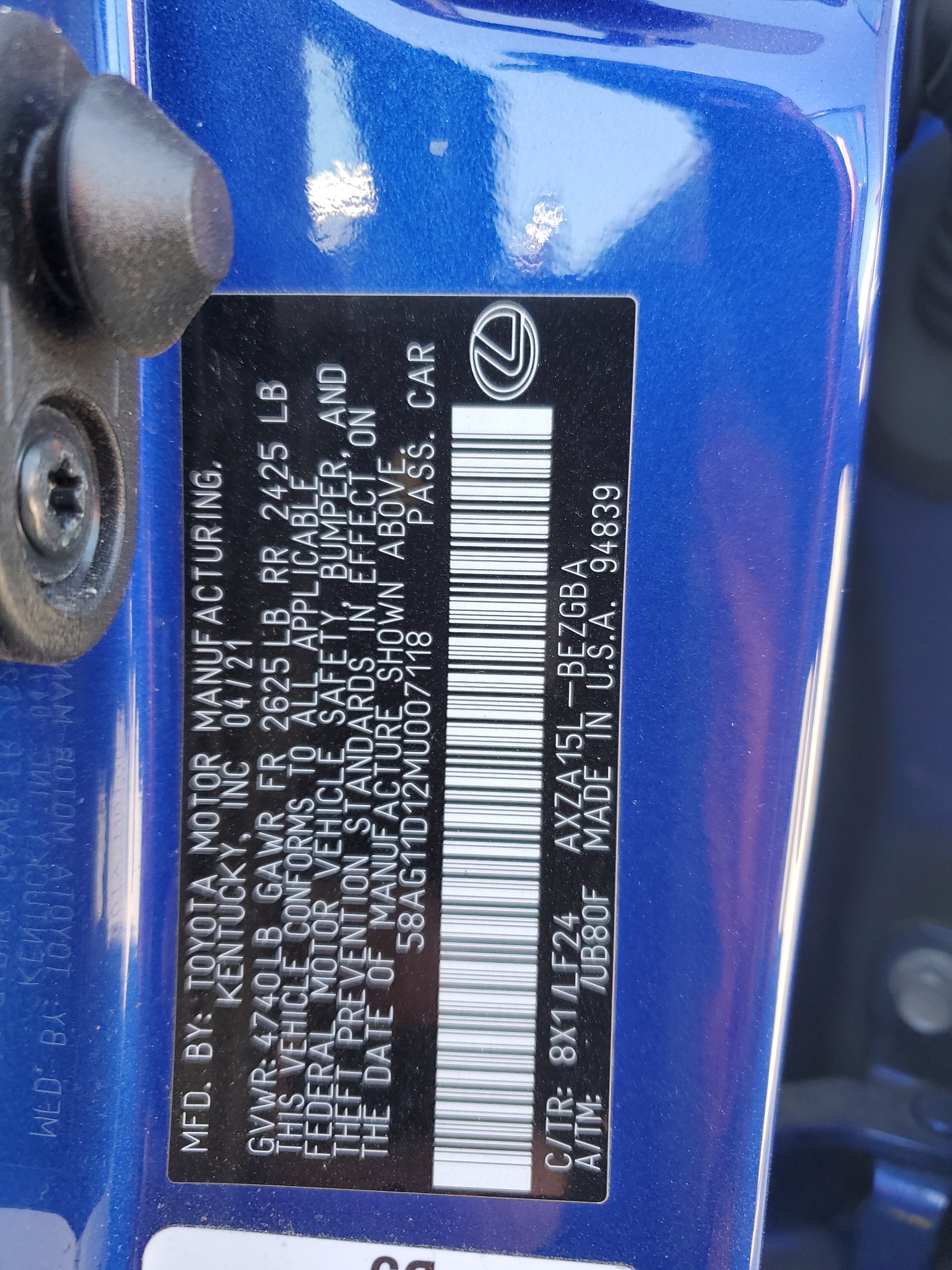 58AG11D12MU007118 2021 Lexus Es 250 Base