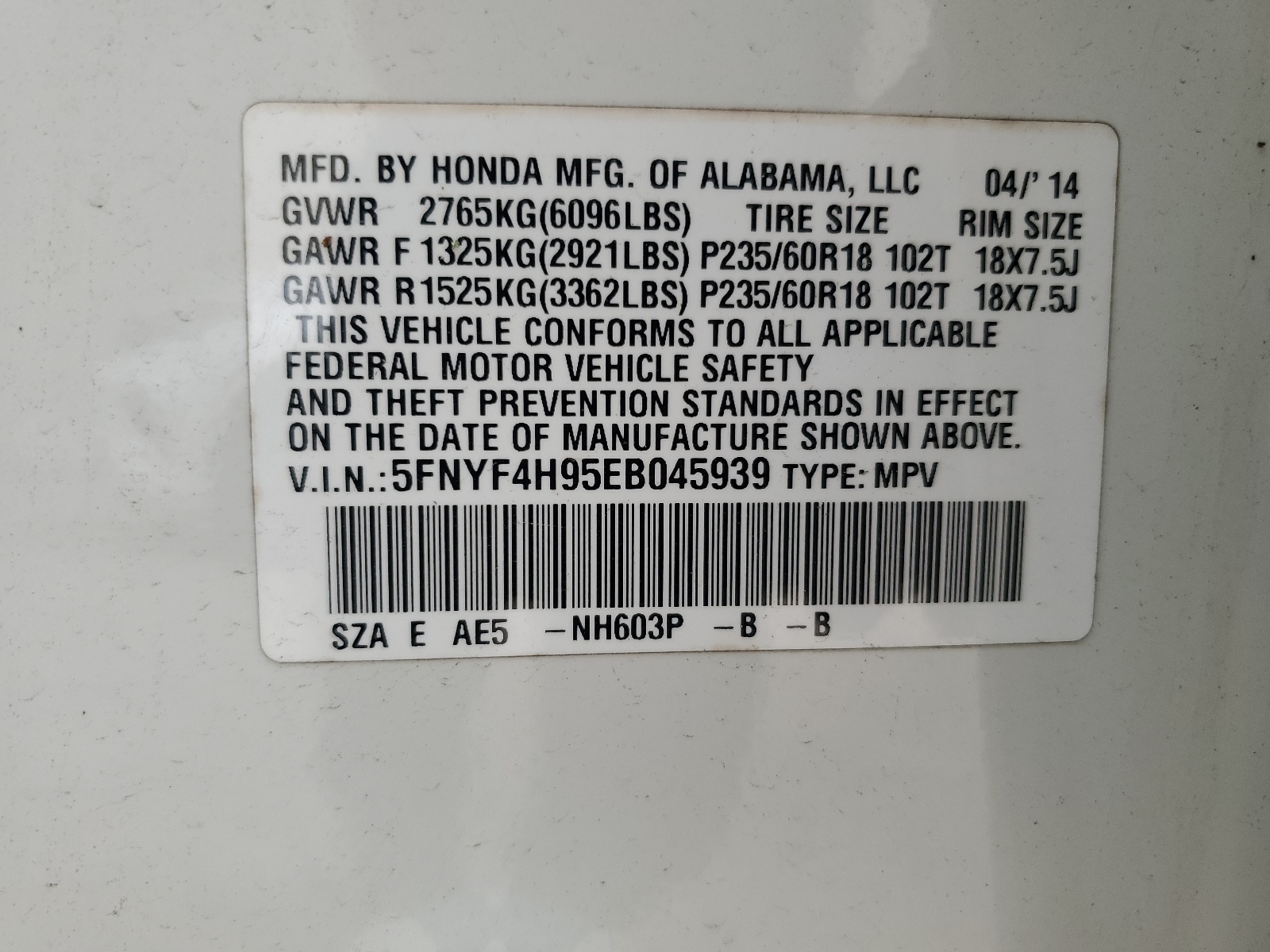 5FNYF4H95EB045939 2014 Honda Pilot Touring