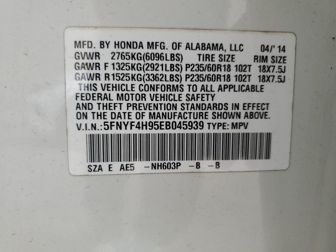 2014 Honda Pilot Touring VIN: 5FNYF4H95EB045939 Lot: 57523634