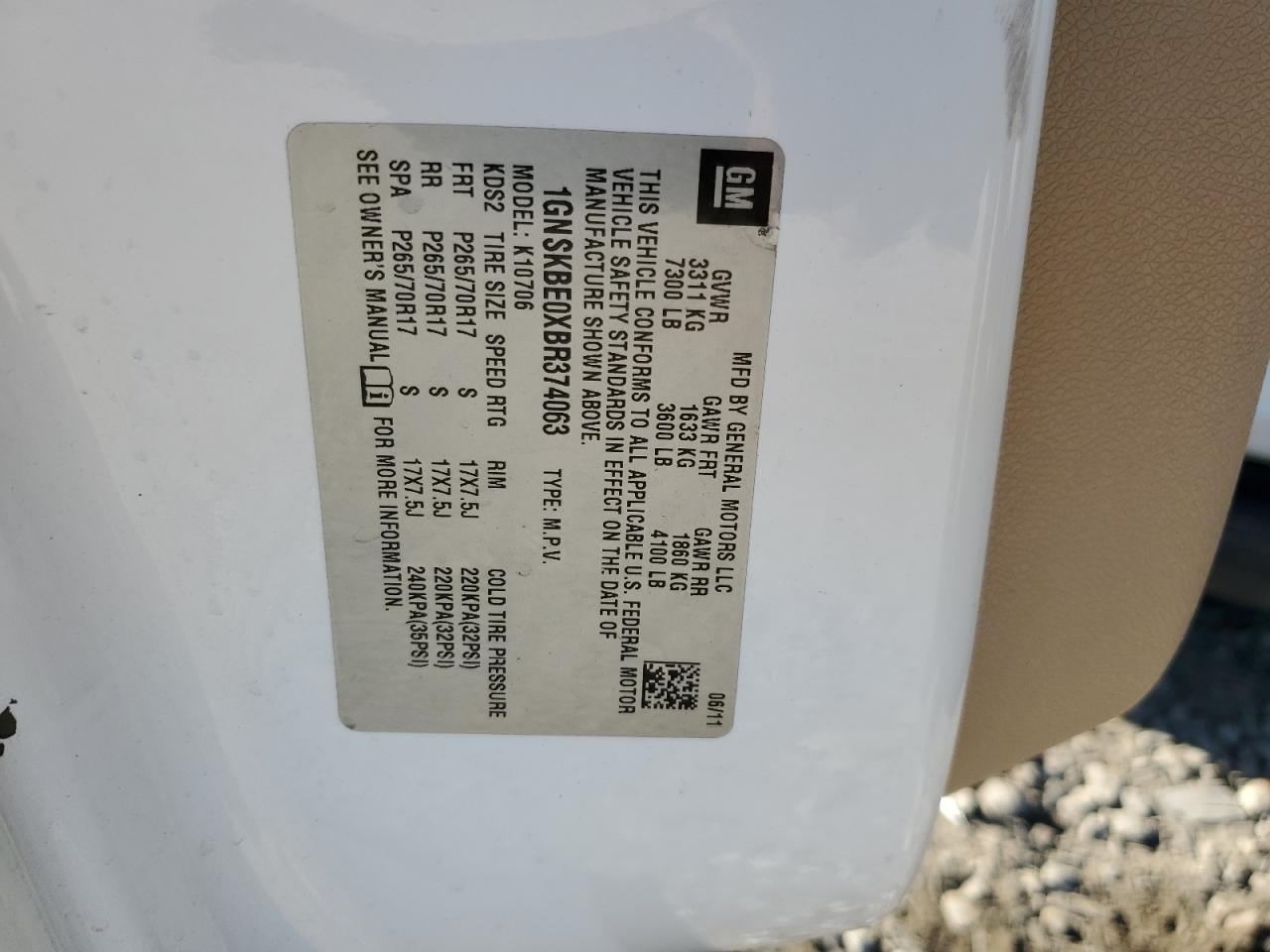 2011 Chevrolet Tahoe K1500 Lt VIN: 1GNSKBE0XBR374063 Lot: 58838274