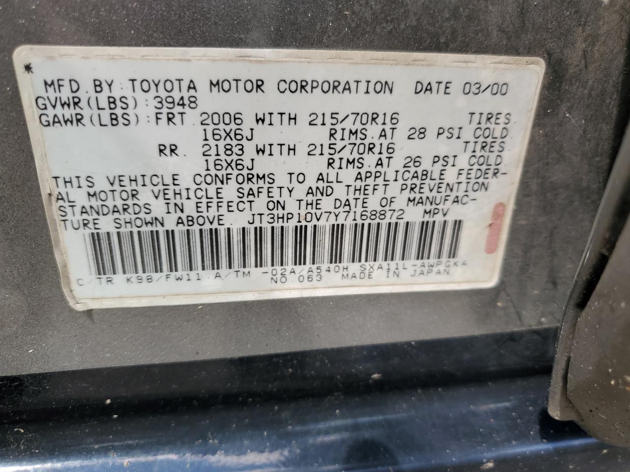 2000 Toyota Rav4 VIN: JT3HP10V7Y7168872 Lot: 61092084