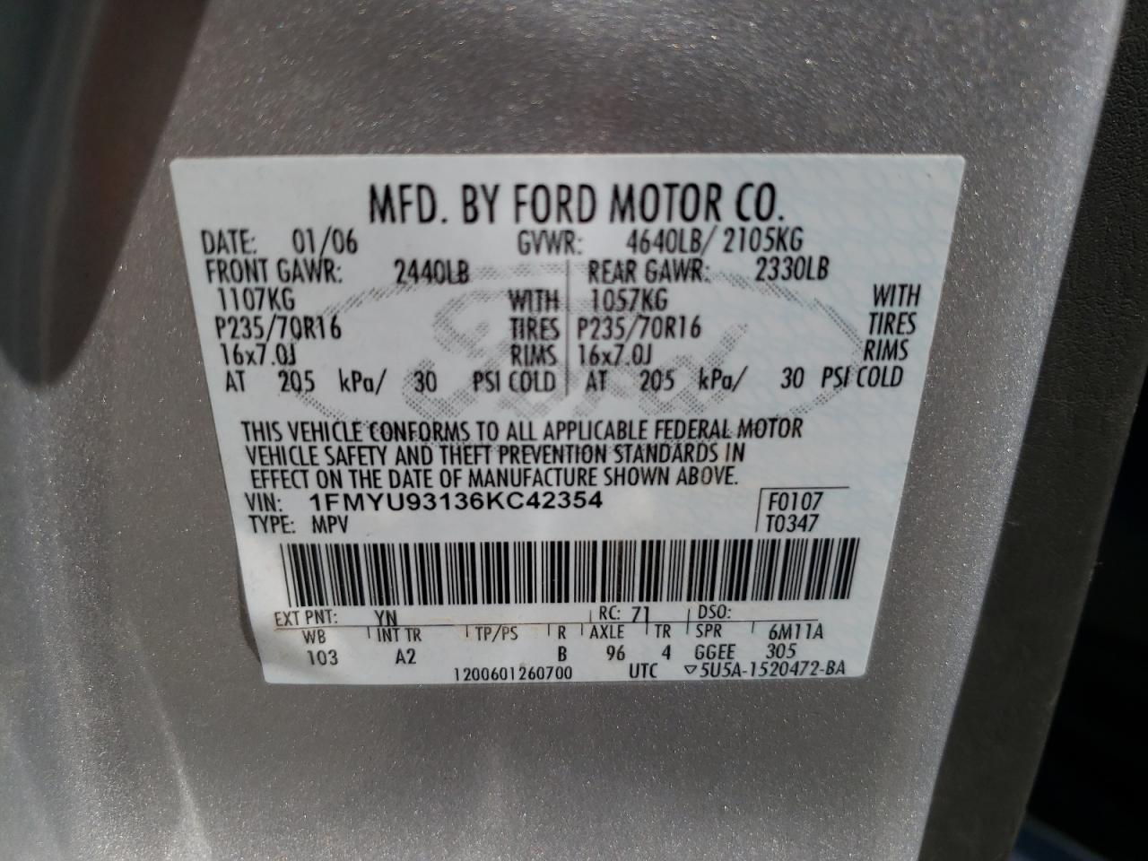 2006 Ford Escape Xlt VIN: 1FMYU93136KC42354 Lot: 61254824