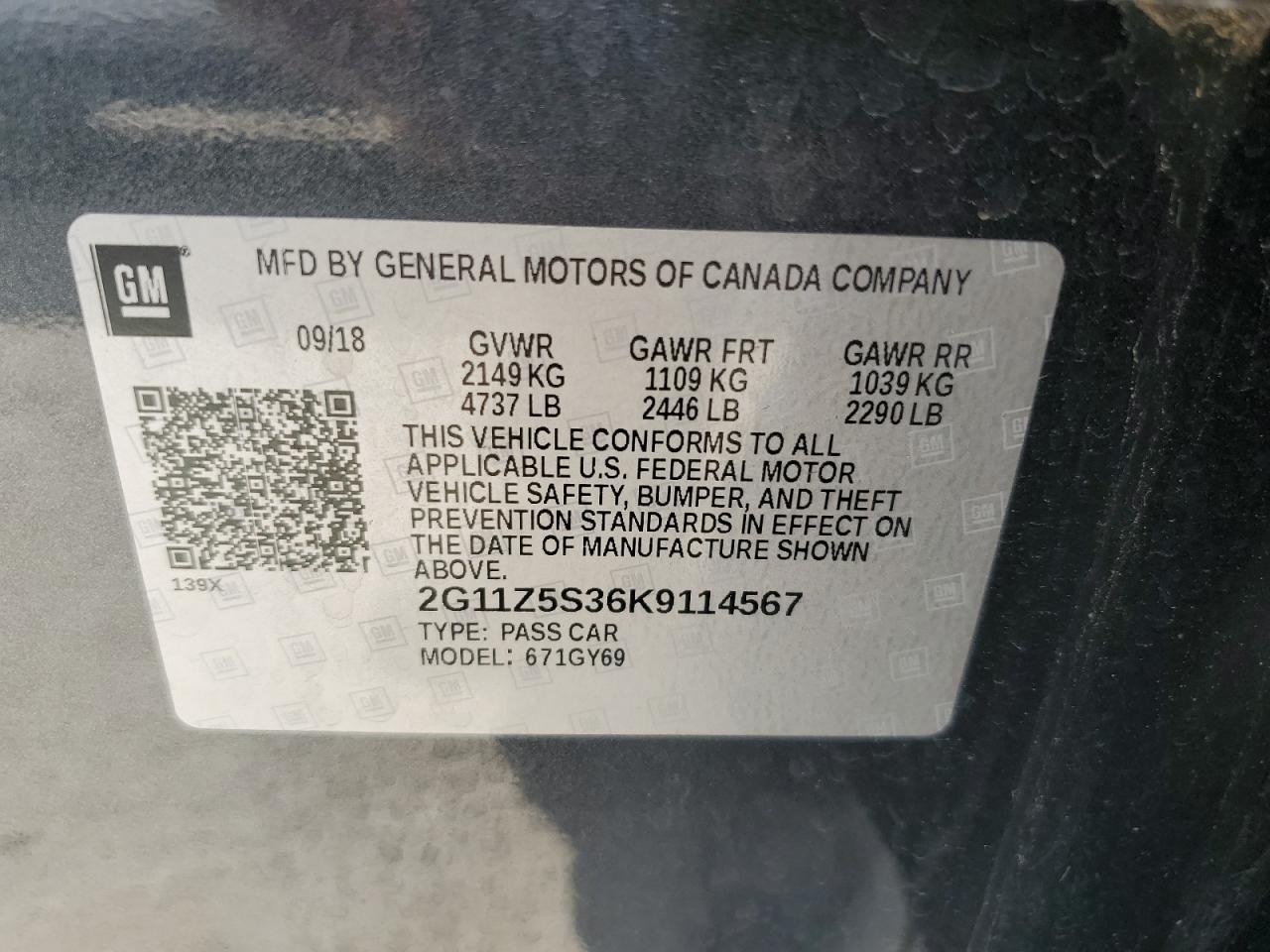 2G11Z5S36K9114567 2019 Chevrolet Impala Lt