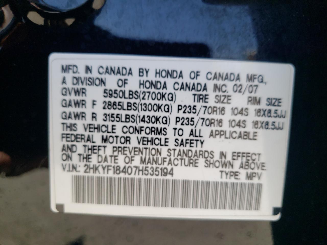 2007 Honda Pilot Ex VIN: 2HKYF18407H535194 Lot: 59152984