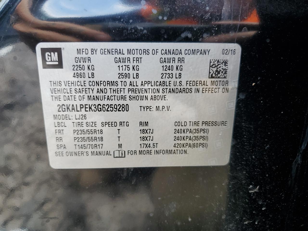 2016 GMC Terrain Slt VIN: 2GKALPEK3G6259280 Lot: 57508944