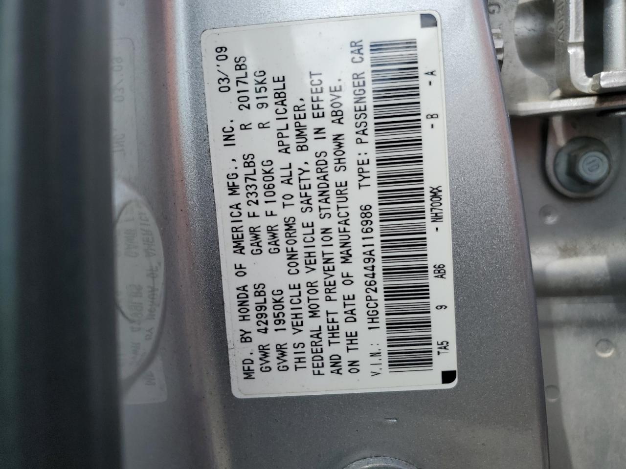 2009 Honda Accord Lxp VIN: 1HGCP26449A116986 Lot: 59142434