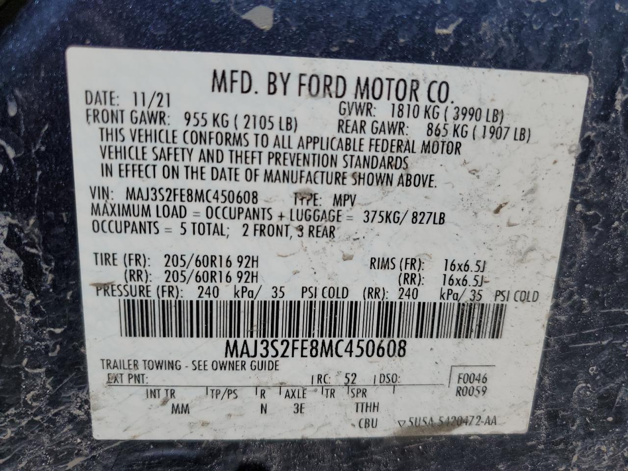 2021 Ford Ecosport S VIN: MAJ3S2FE8MC450608 Lot: 60234164