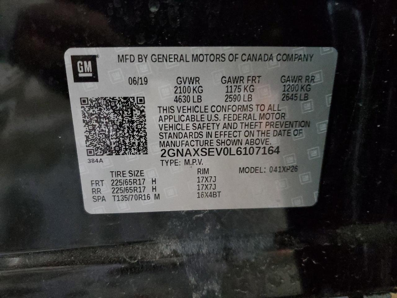 2020 Chevrolet Equinox Ls VIN: 2GNAXSEV0L6107164 Lot: 58631874