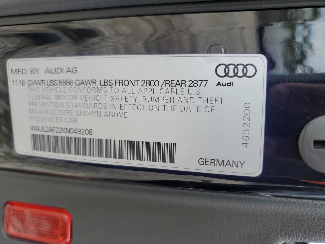 2019 Audi A6 Premium Plus VIN: WAUL2AF22KN049208 Lot: 60391454