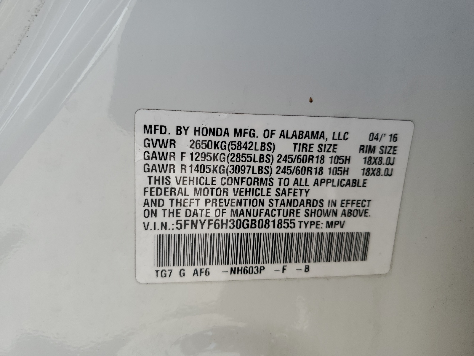 5FNYF6H30GB081855 2016 Honda Pilot Ex