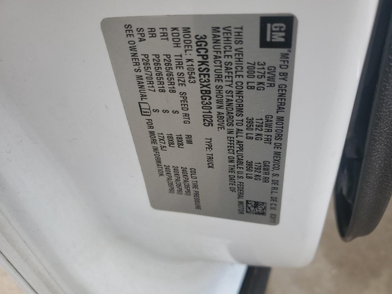 2011 Chevrolet Silverado K1500 Lt VIN: 3GCPKSE3XBG301025 Lot: 57823194