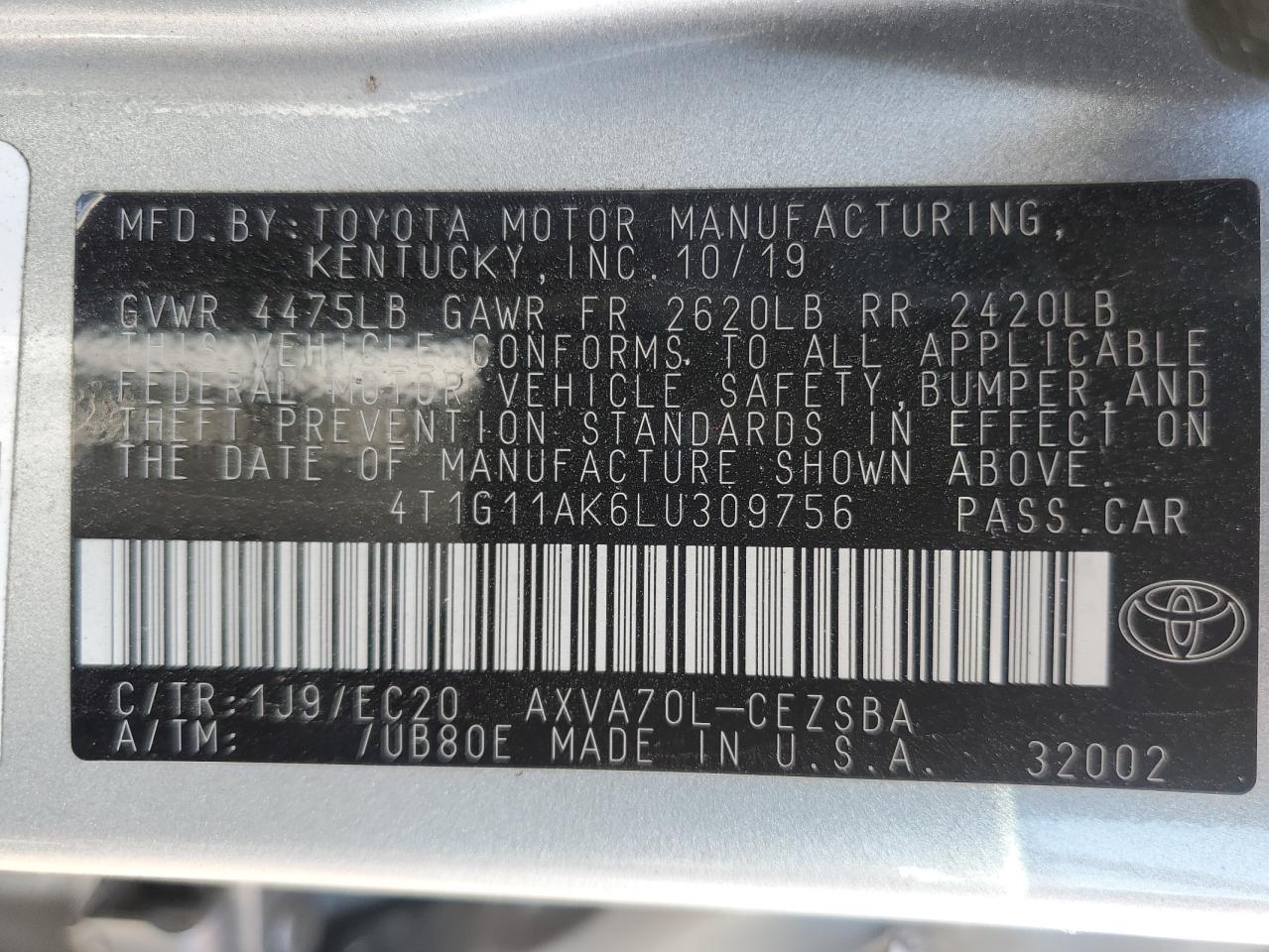 4T1G11AK6LU309756 2020 Toyota Camry Se