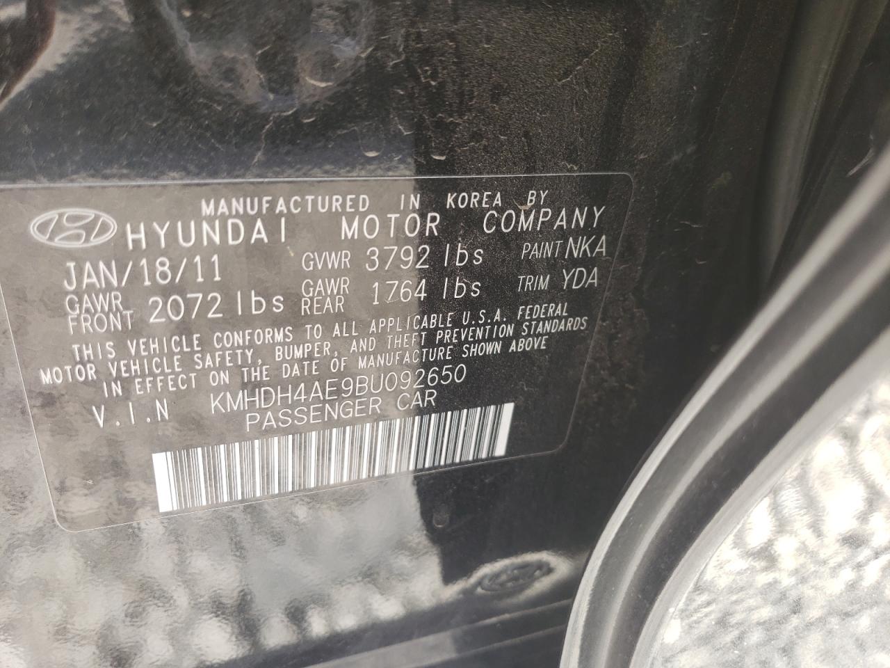 2011 Hyundai Elantra Gls VIN: KMHDH4AE9BU092650 Lot: 59204434