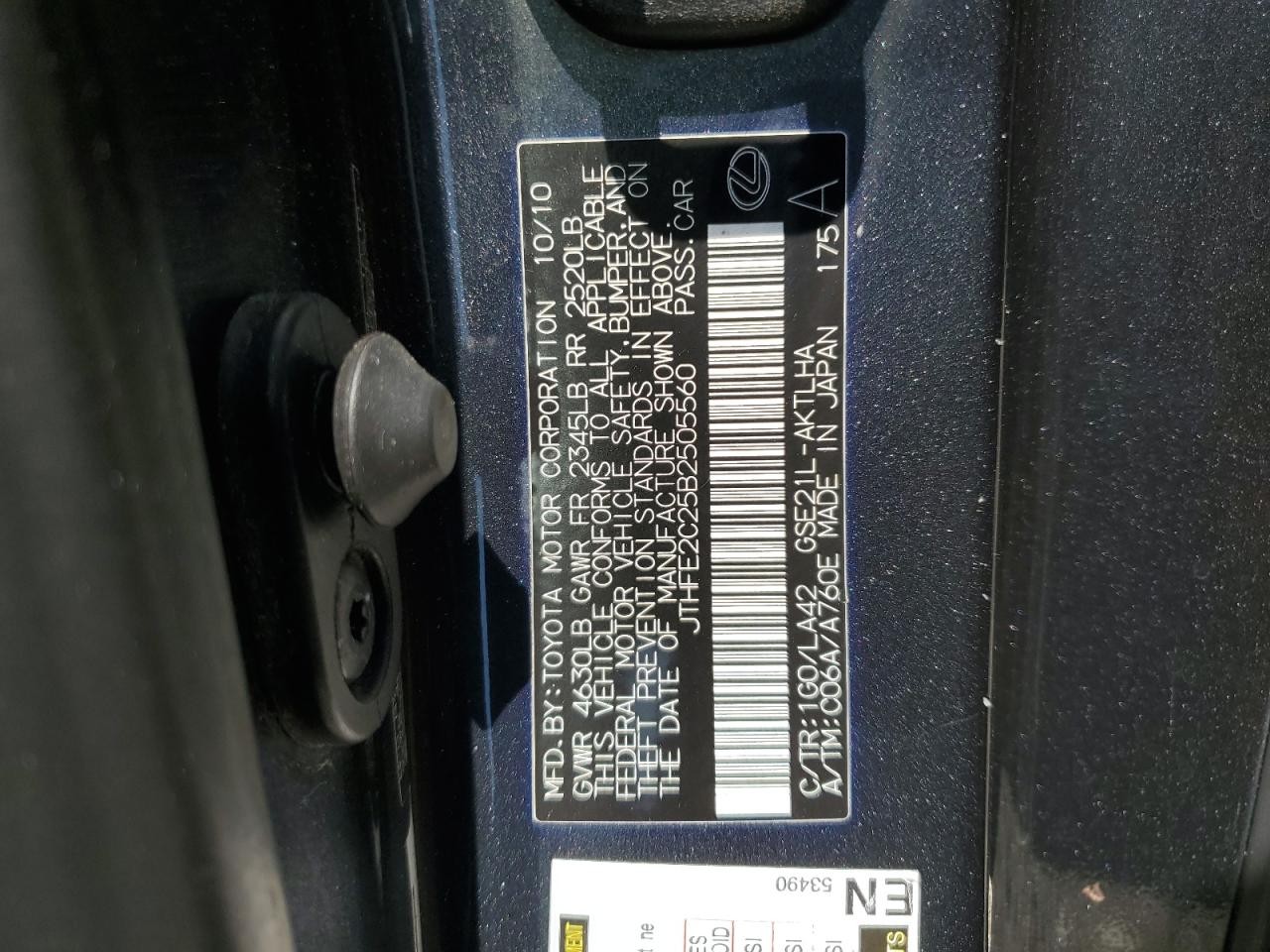 2011 Lexus Is 350 VIN: JTHFE2C25B2505560 Lot: 60510704