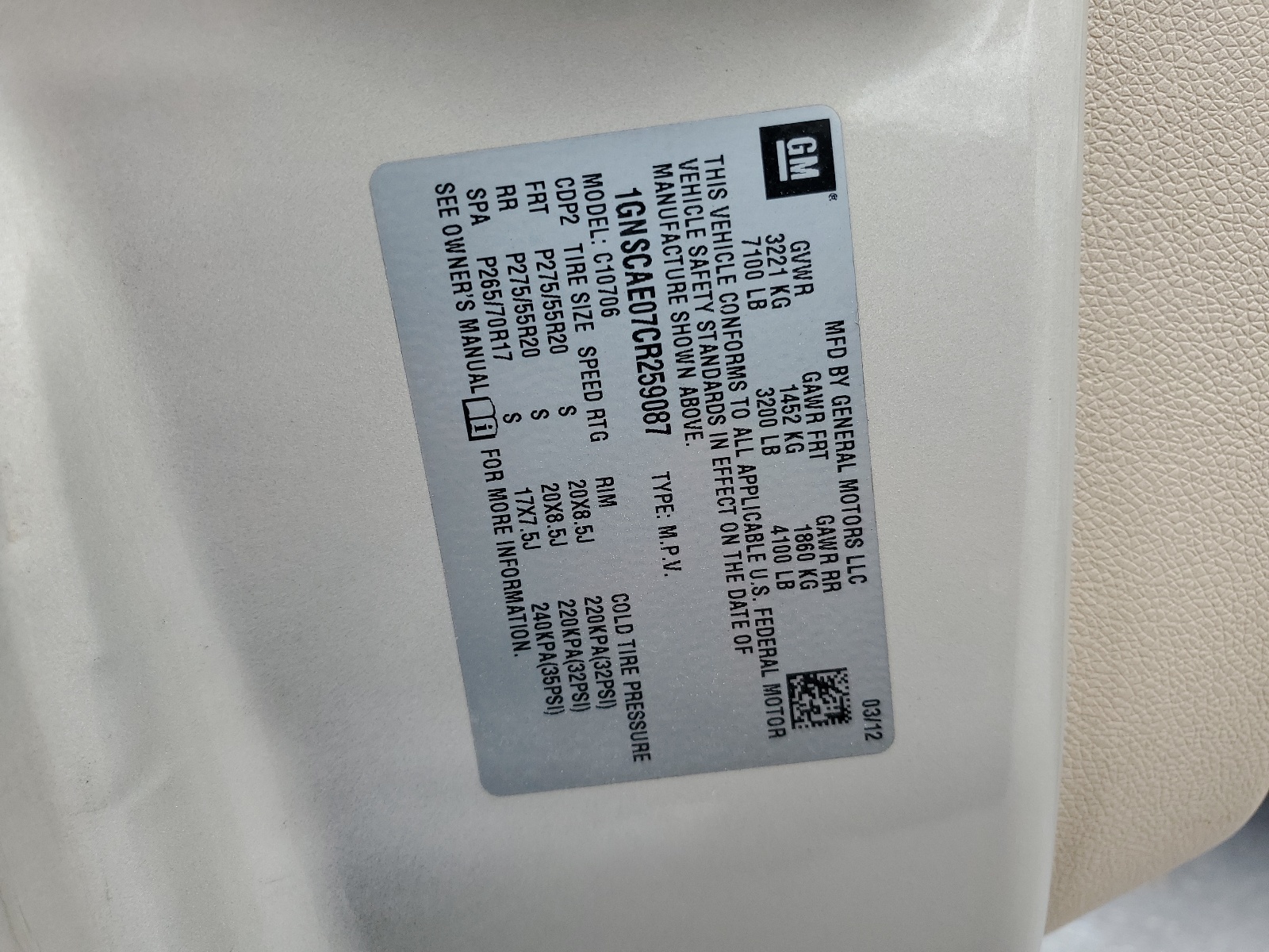 1GNSCAE07CR259087 2012 Chevrolet Tahoe C1500 Ls