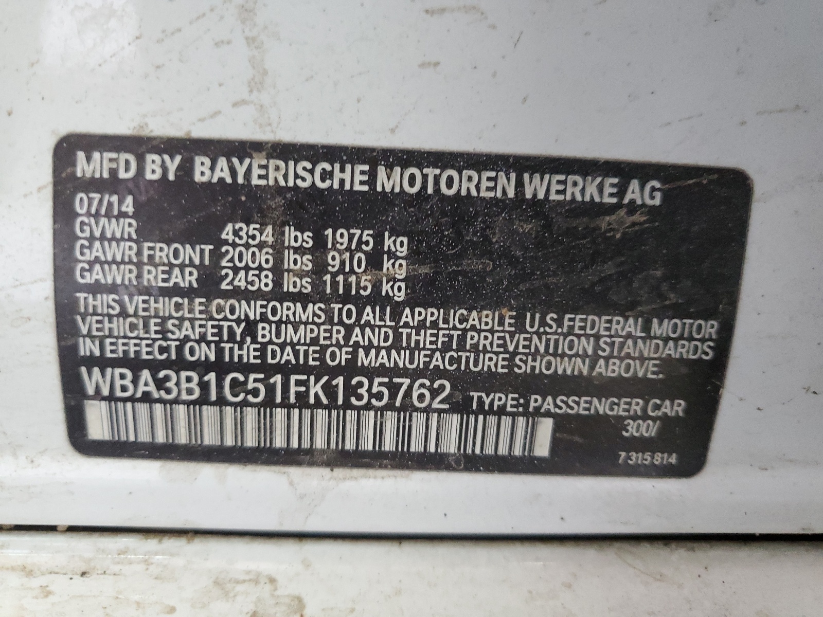 WBA3B1C51FK135762 2015 BMW 320 I