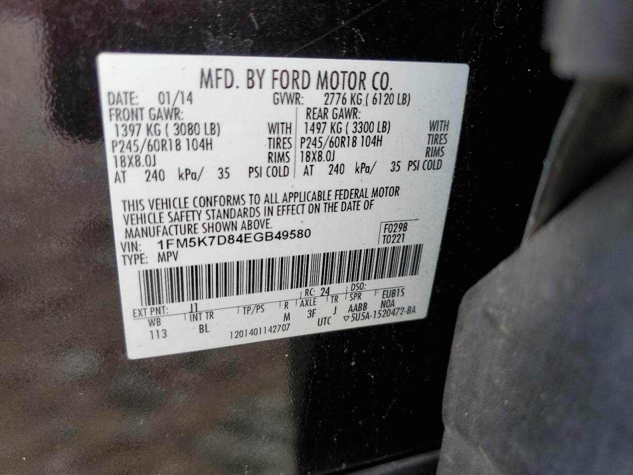 2014 Ford Explorer Xlt VIN: 1FM5K7D84EGB49580 Lot: 57128964