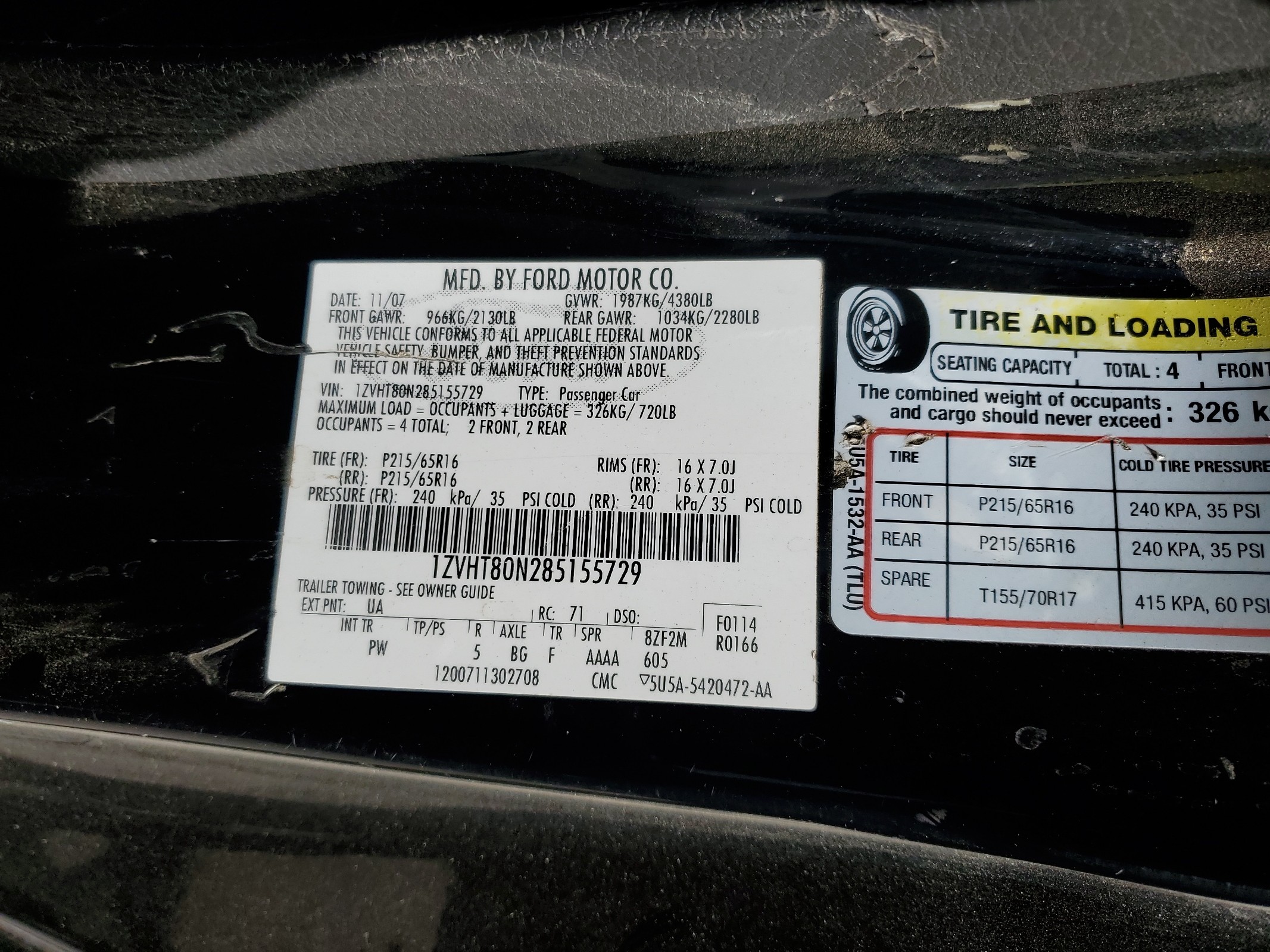 1ZVHT80N285155729 2008 Ford Mustang