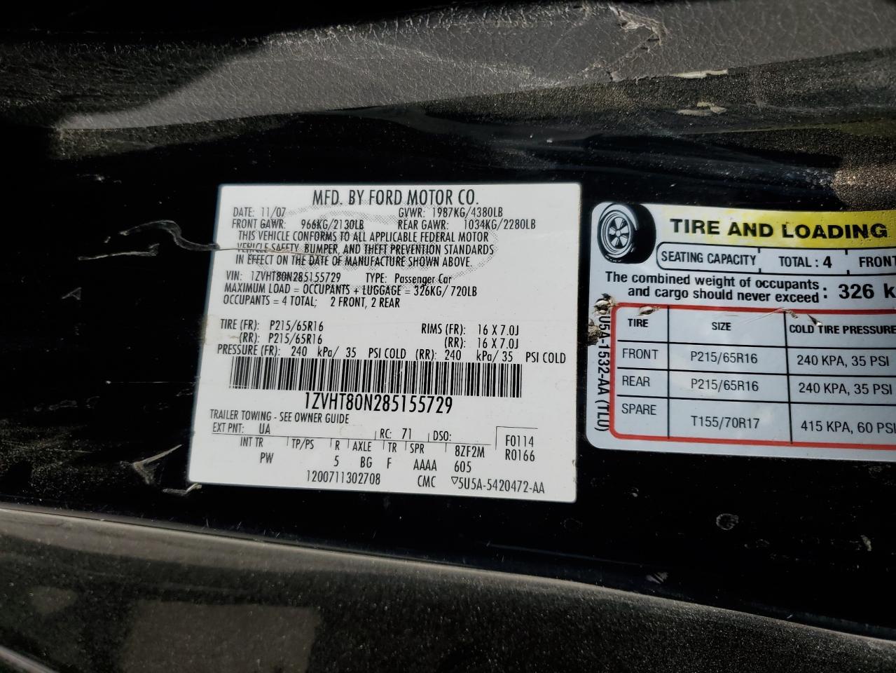 2008 Ford Mustang VIN: 1ZVHT80N285155729 Lot: 66018354