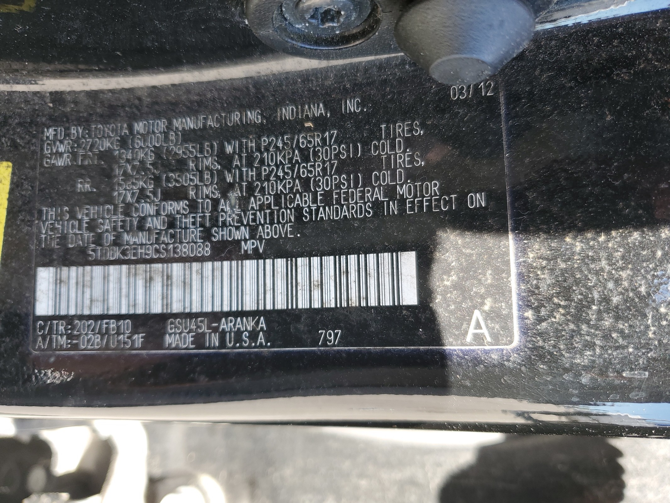 5TDBK3EH9CS138088 2012 Toyota Highlander Base