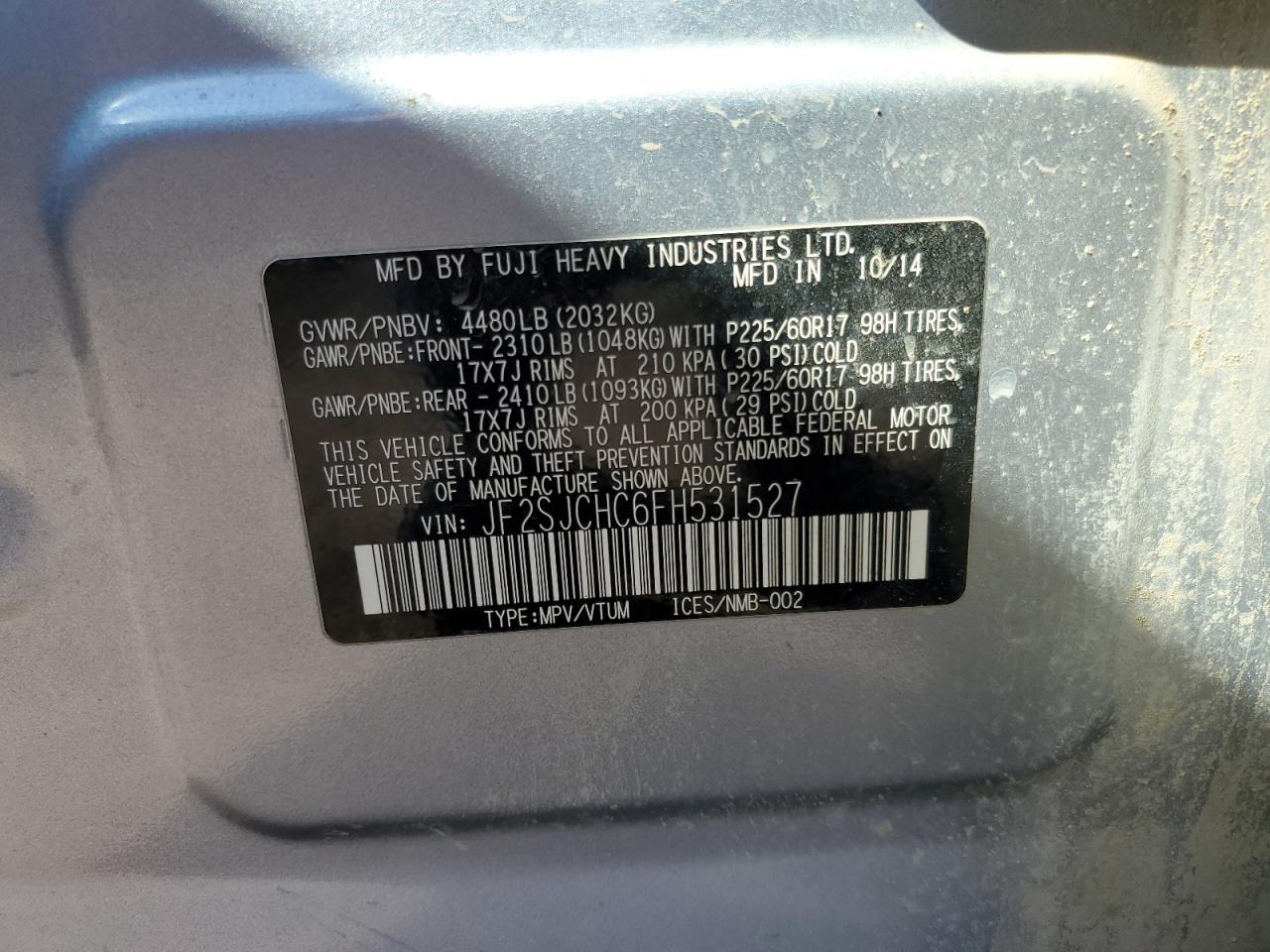 2015 Subaru Forester 2.5I Limited VIN: JF2SJCHC6FH531527 Lot: 59706524