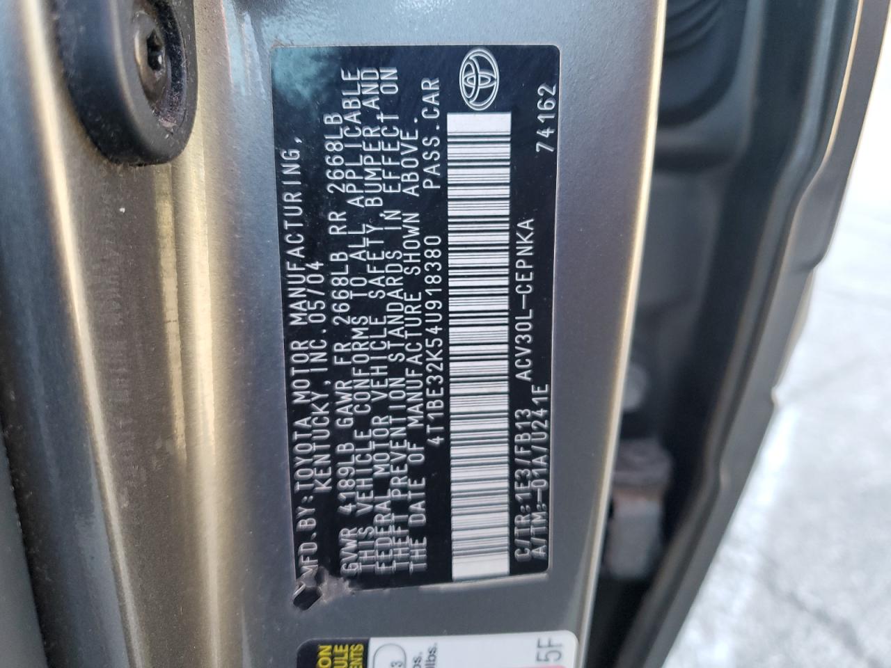 2004 Toyota Camry Le VIN: 4T1BE32K54U918380 Lot: 59431494