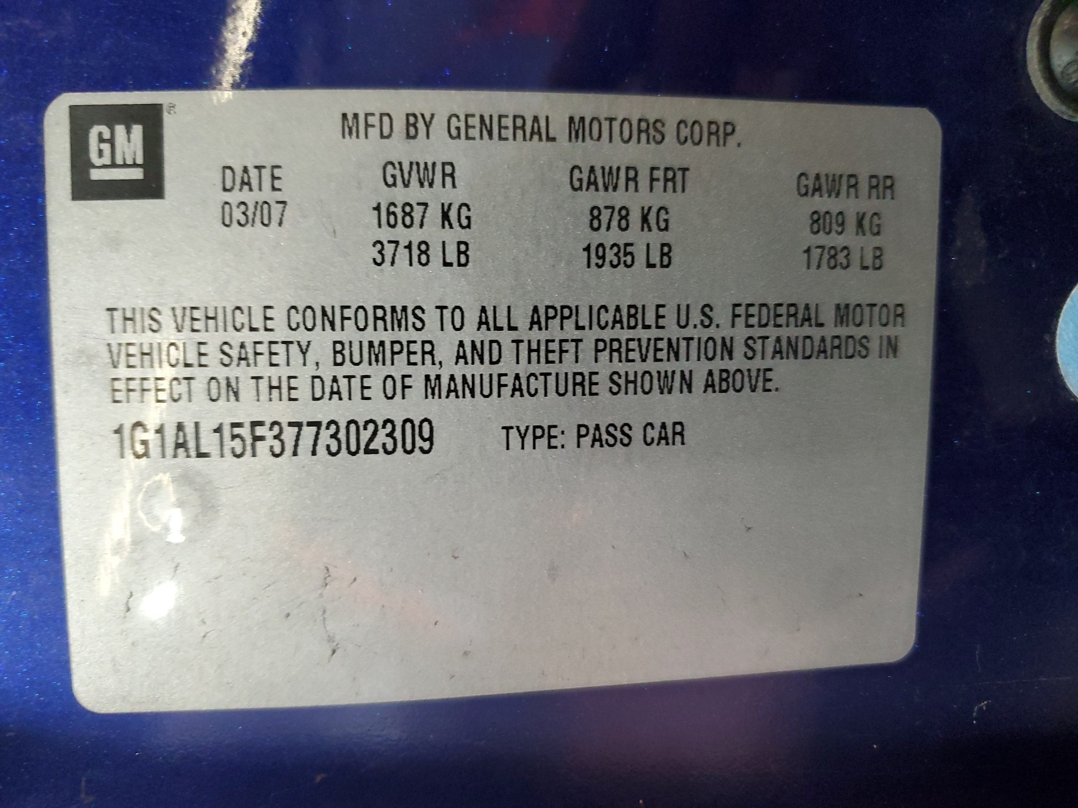 1G1AL15F377302309 2007 Chevrolet Cobalt Lt