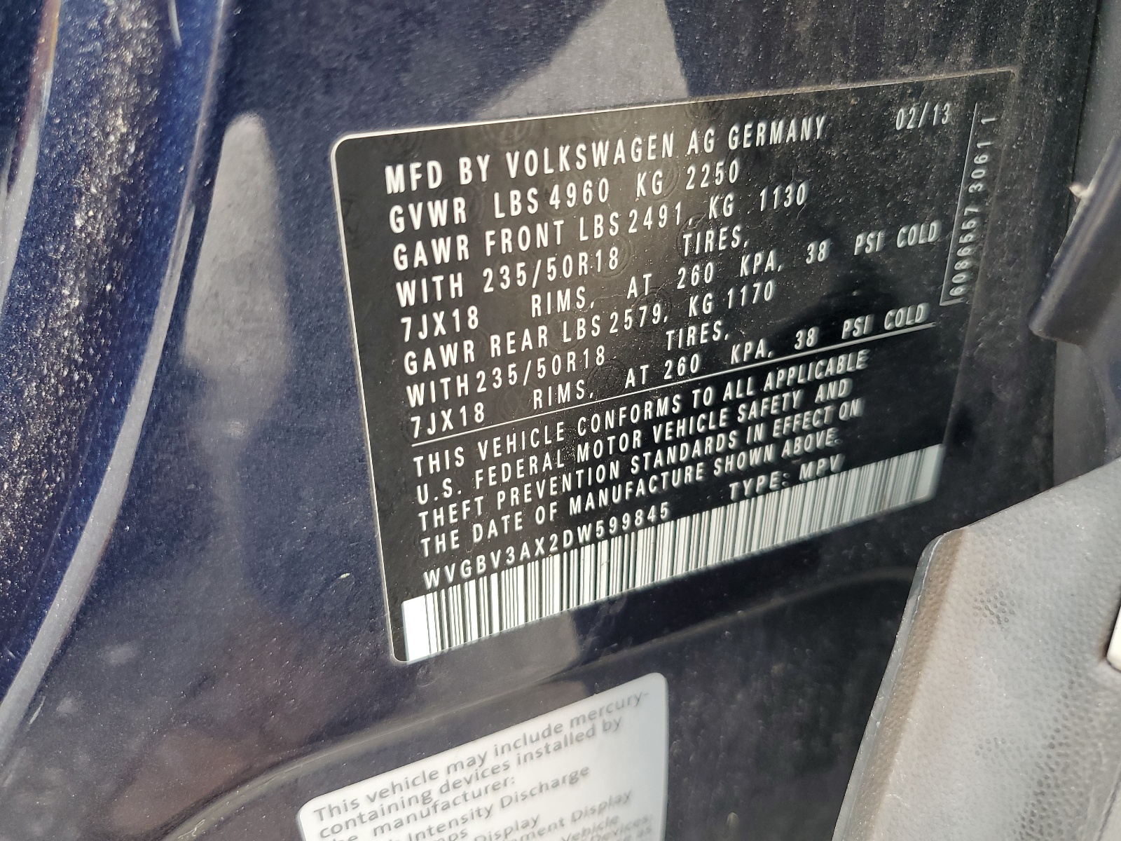 WVGBV3AX2DW599845 2013 Volkswagen Tiguan S