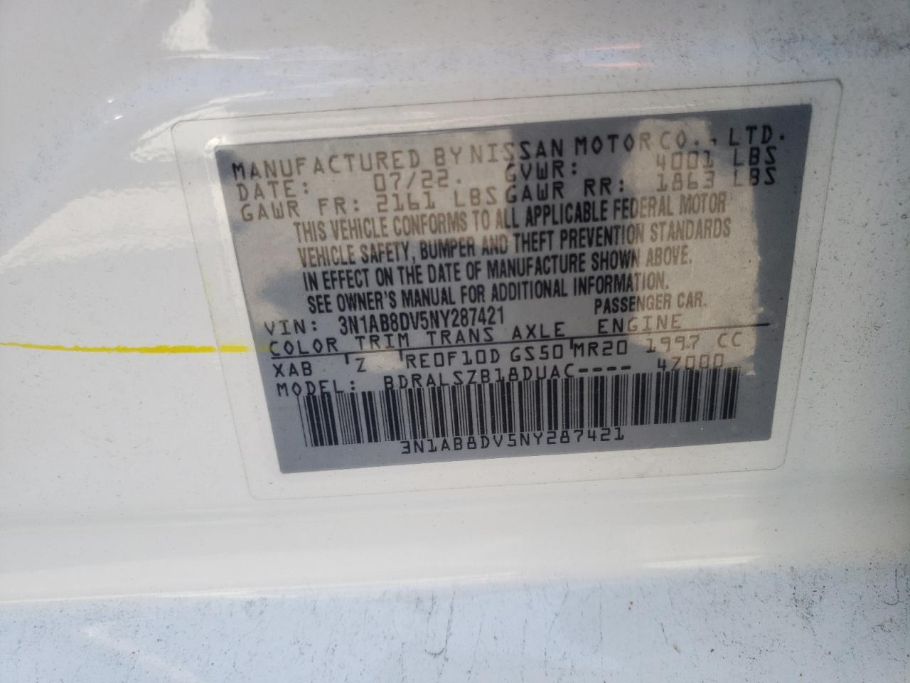 2022 Nissan Sentra Sr VIN: 3N1AB8DV5NY287421 Lot: 60358164