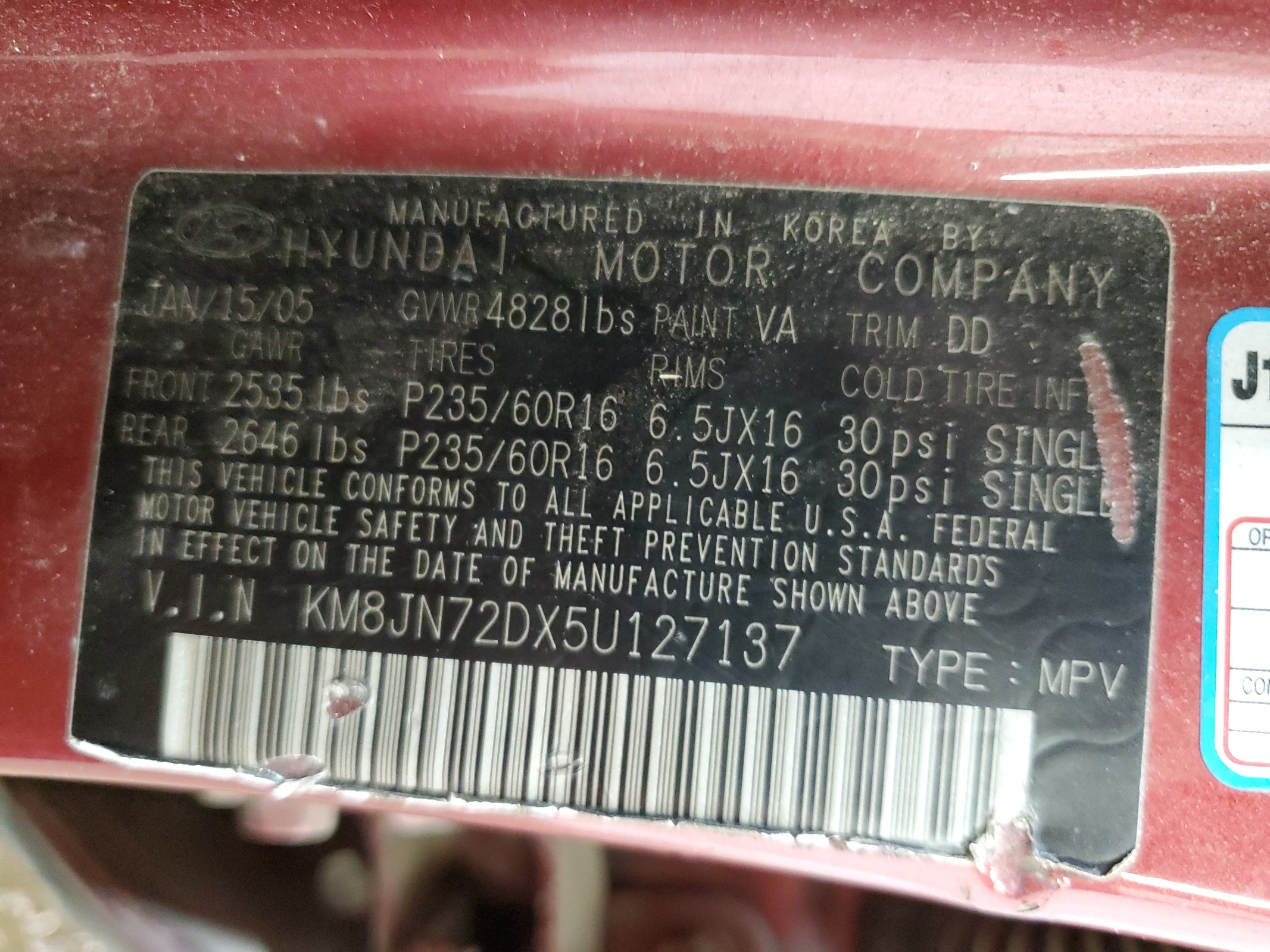 KM8JN72DX5U127137 2005 Hyundai Tucson Gls