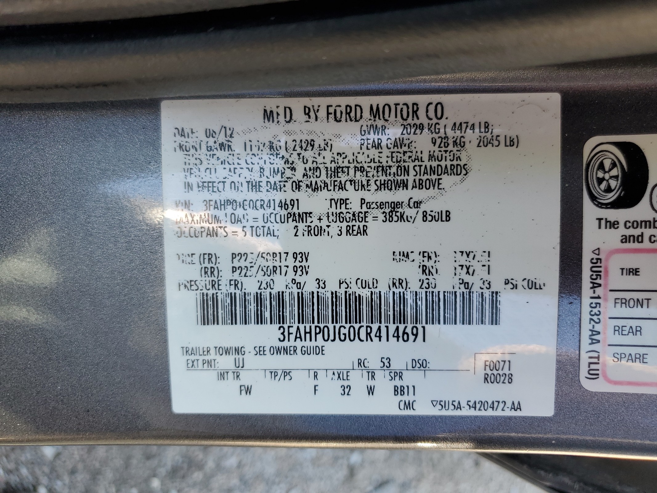 3FAHP0JG0CR414691 2012 Ford Fusion Sel