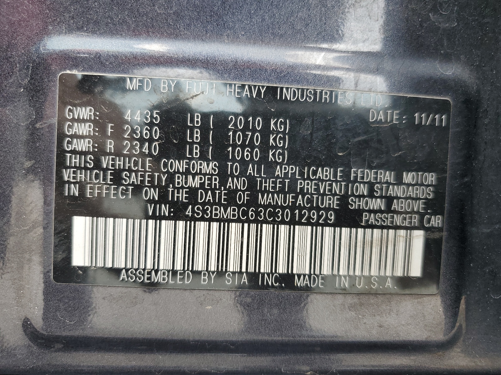 4S3BMBC63C3012929 2012 Subaru Legacy 2.5I Premium