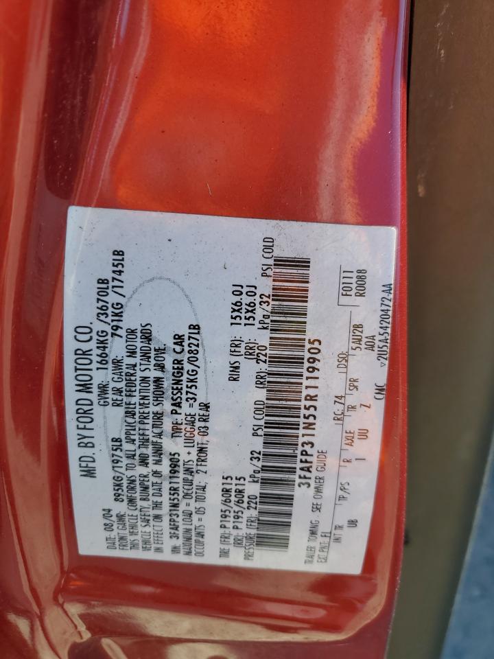 2005 Ford Focus Zx3 VIN: 3FAFP31N55R119905 Lot: 57975684