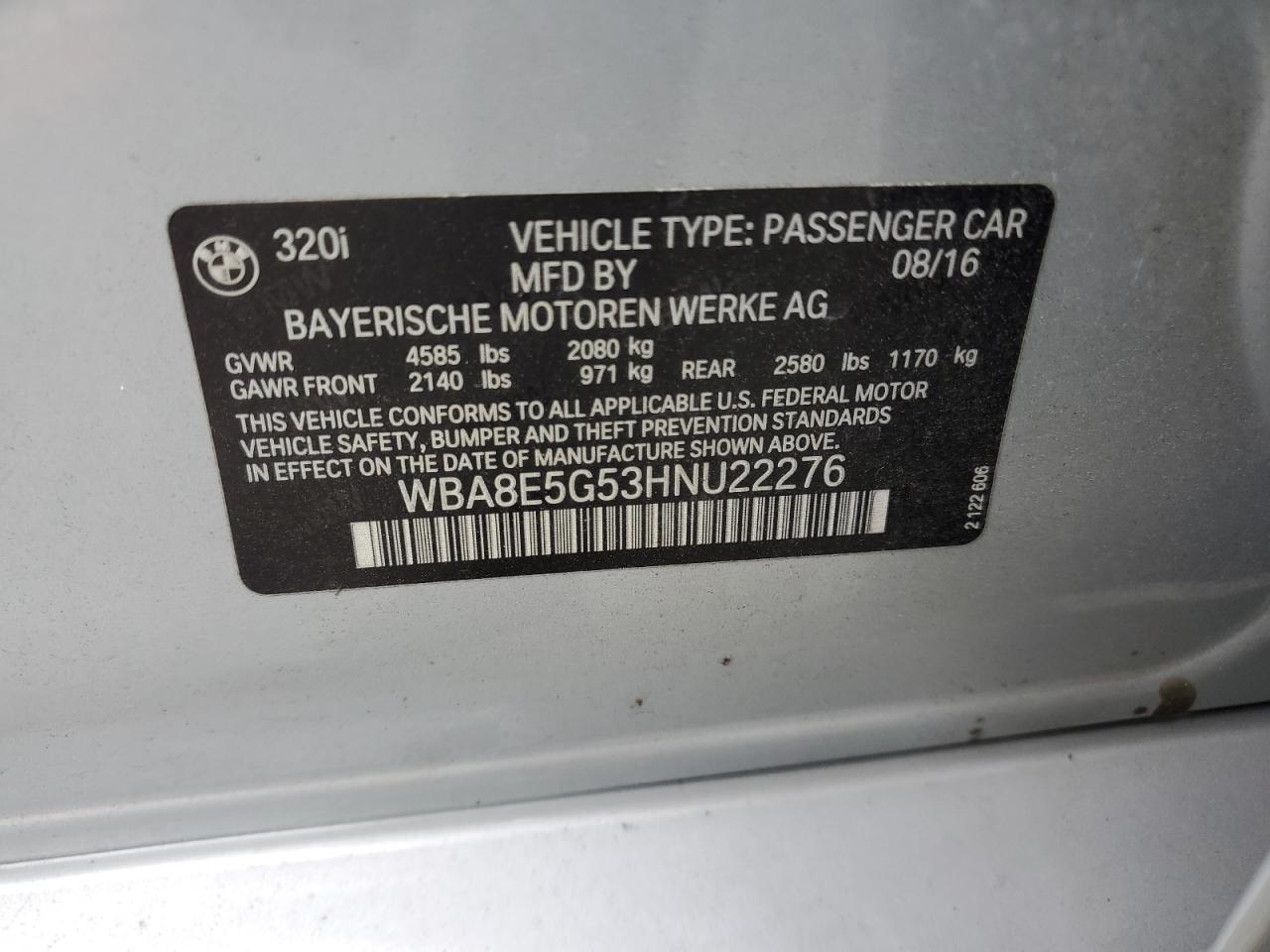 2017 BMW 320 Xi VIN: WBA8E5G53HNU22276 Lot: 57531214