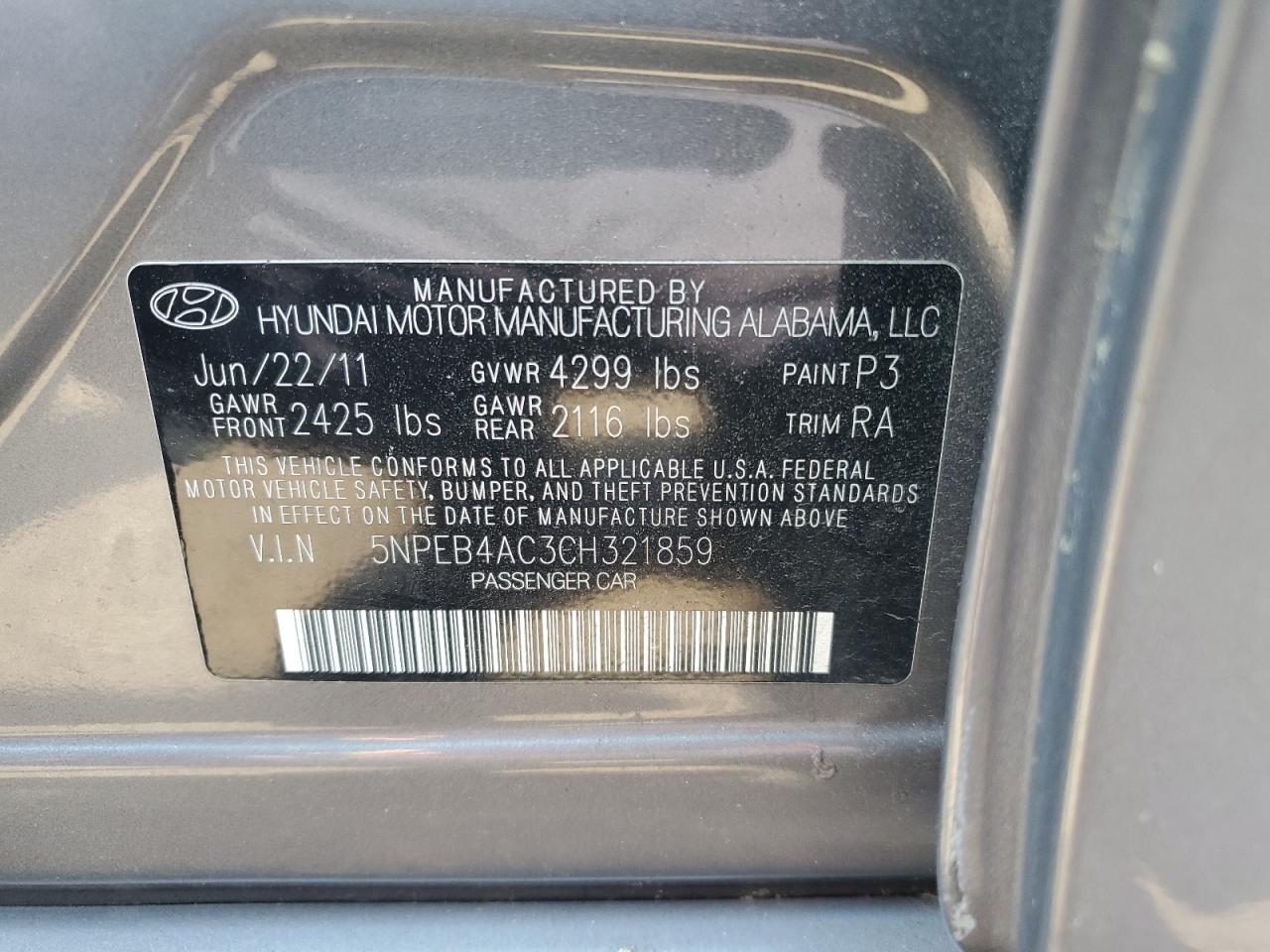 5NPEB4AC3CH321859 2012 Hyundai Sonata Gls