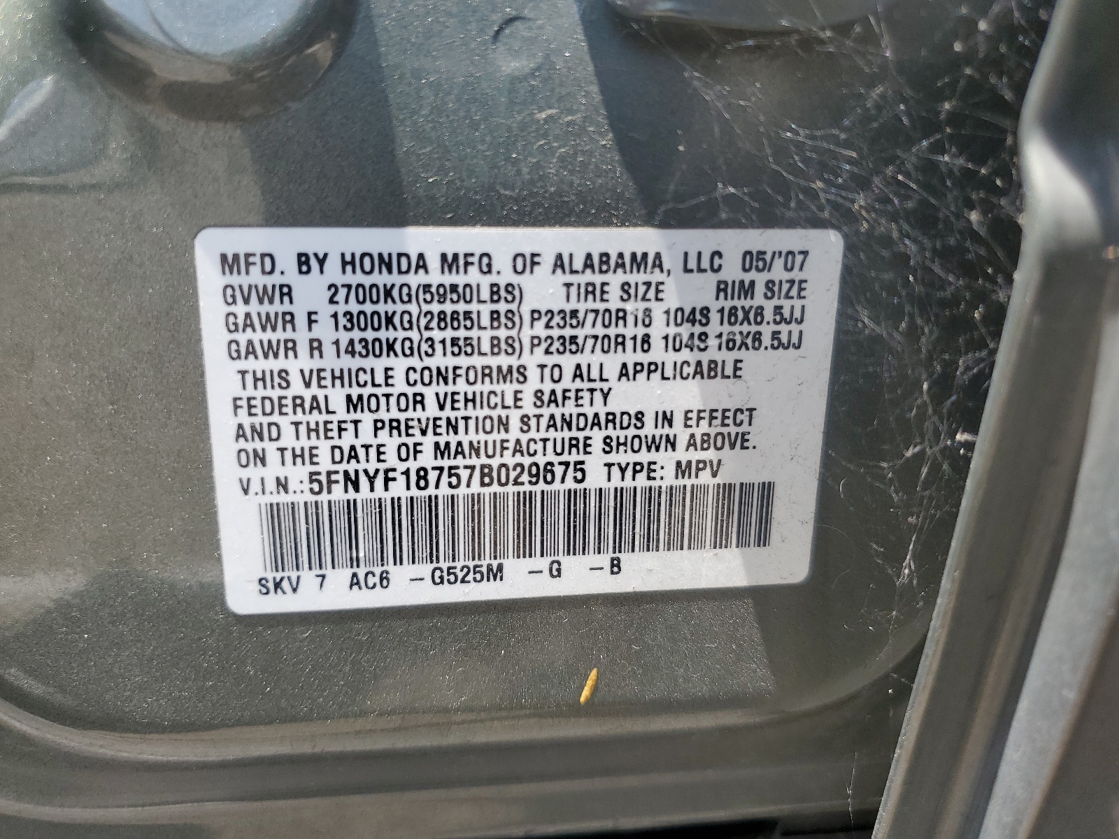 5FNYF18757B029675 2007 Honda Pilot Exl