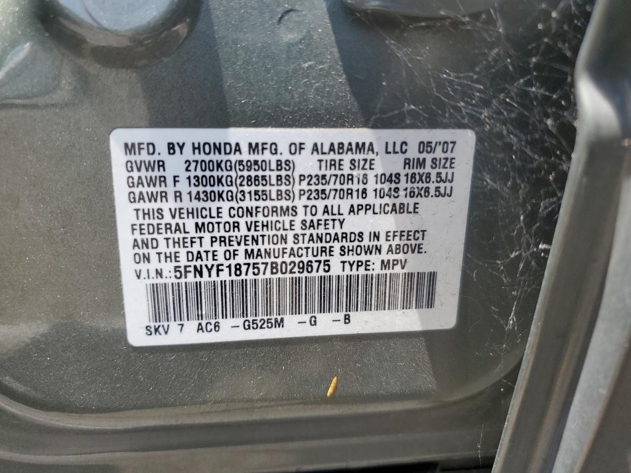 2007 Honda Pilot Exl VIN: 5FNYF18757B029675 Lot: 58496274